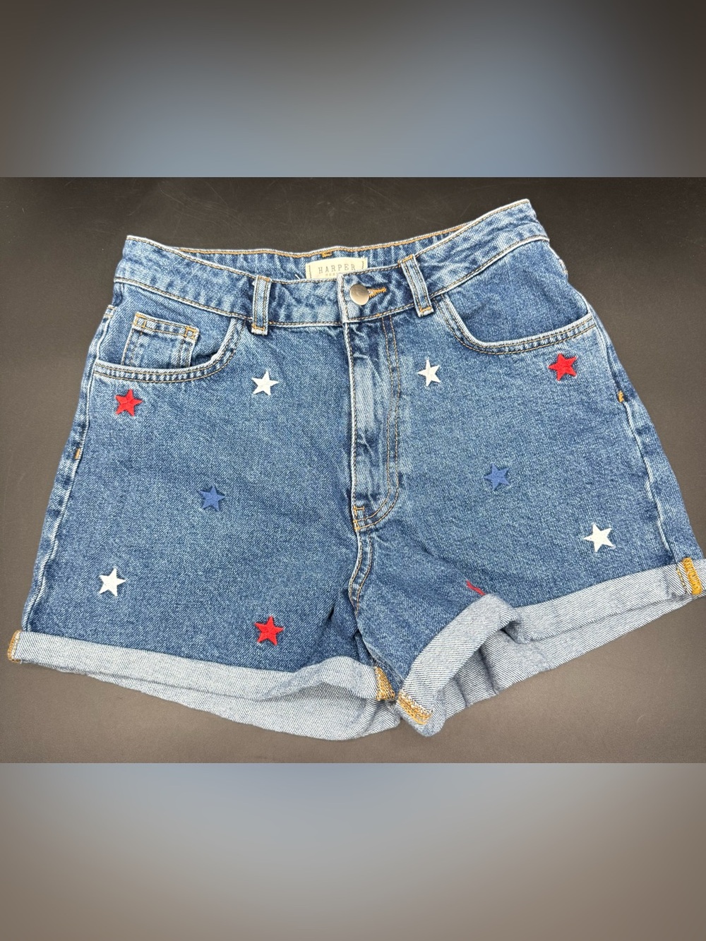 Harper Francesca’s Blue Denim Shorts Embroidered Red White and Blue Stars Sz 25